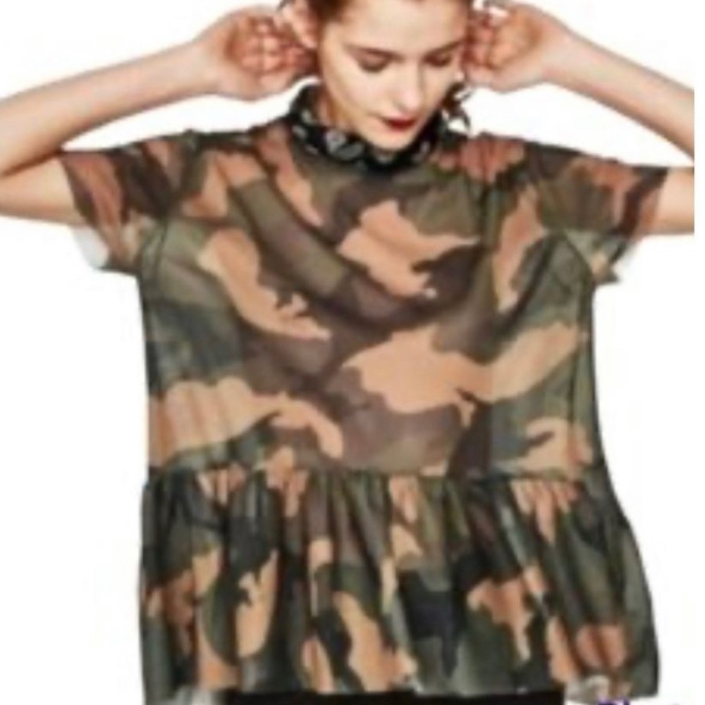 Zara Trafaluc Camo Fatigue Sheer Peplum Top Hi Lo Oversized Sz M
